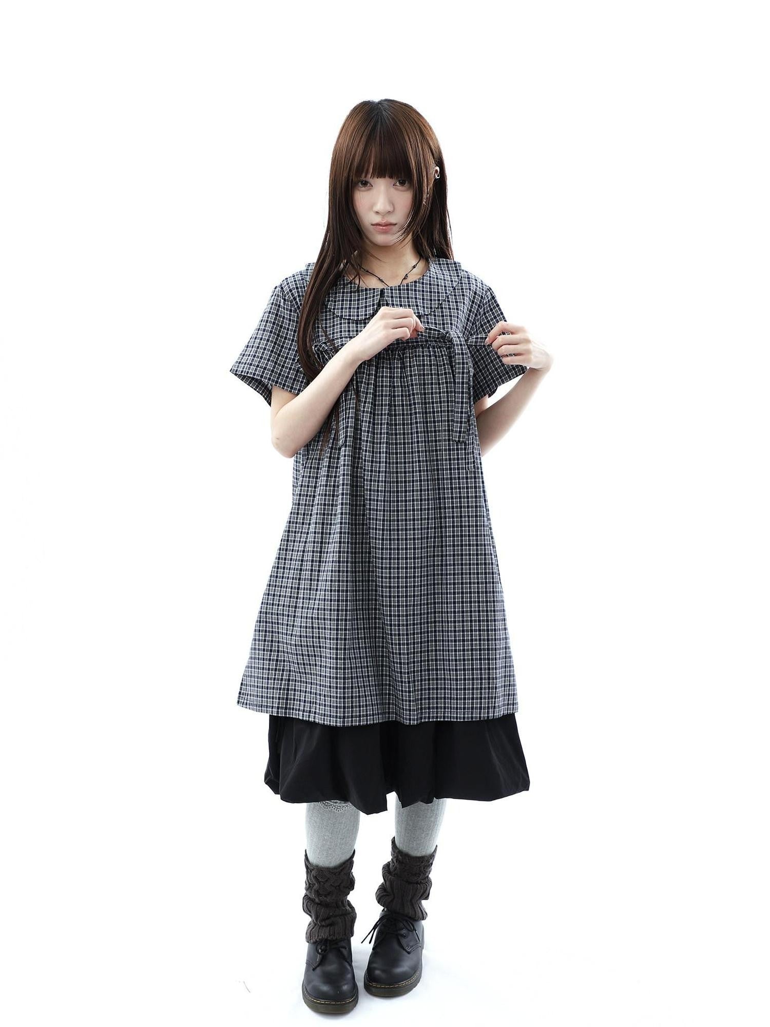 ang project Contrast Plaid Bow Doll Collar Shirt Women&