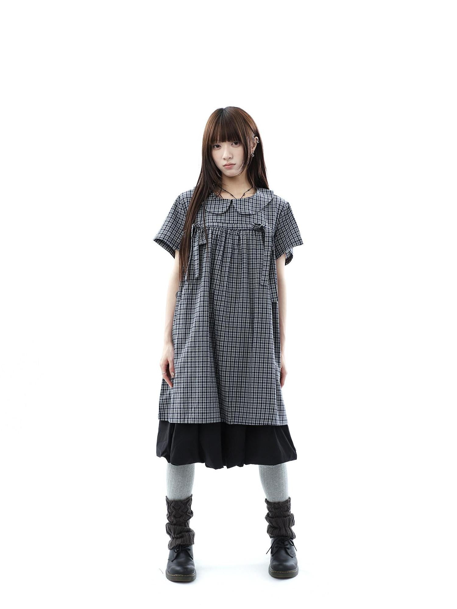 ang project Contrast Plaid Bow Doll Collar Shirt Women&