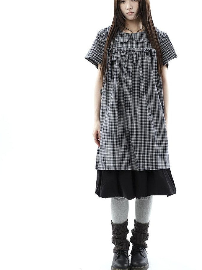 ang project Contrast Plaid Bow Doll Collar Shirt Women&
