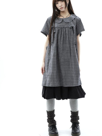 ang project Contrast Plaid Bow Doll Collar Shirt Women&