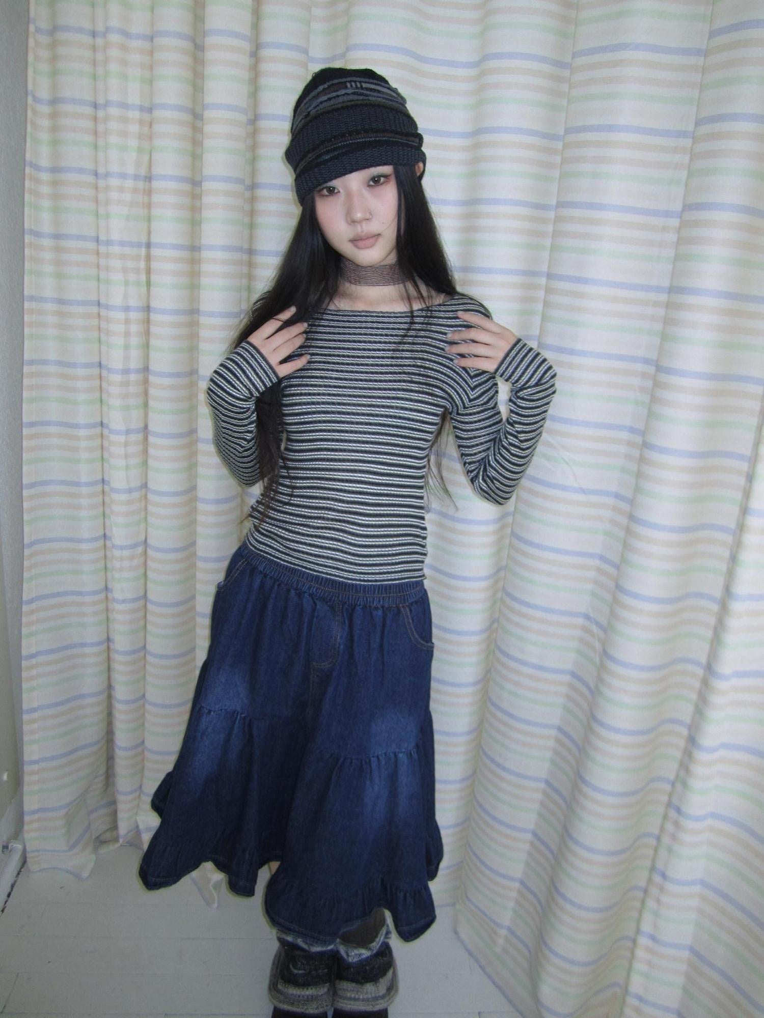 ang project Contrast Stripe Retro Boatneck Longsleeve Women&