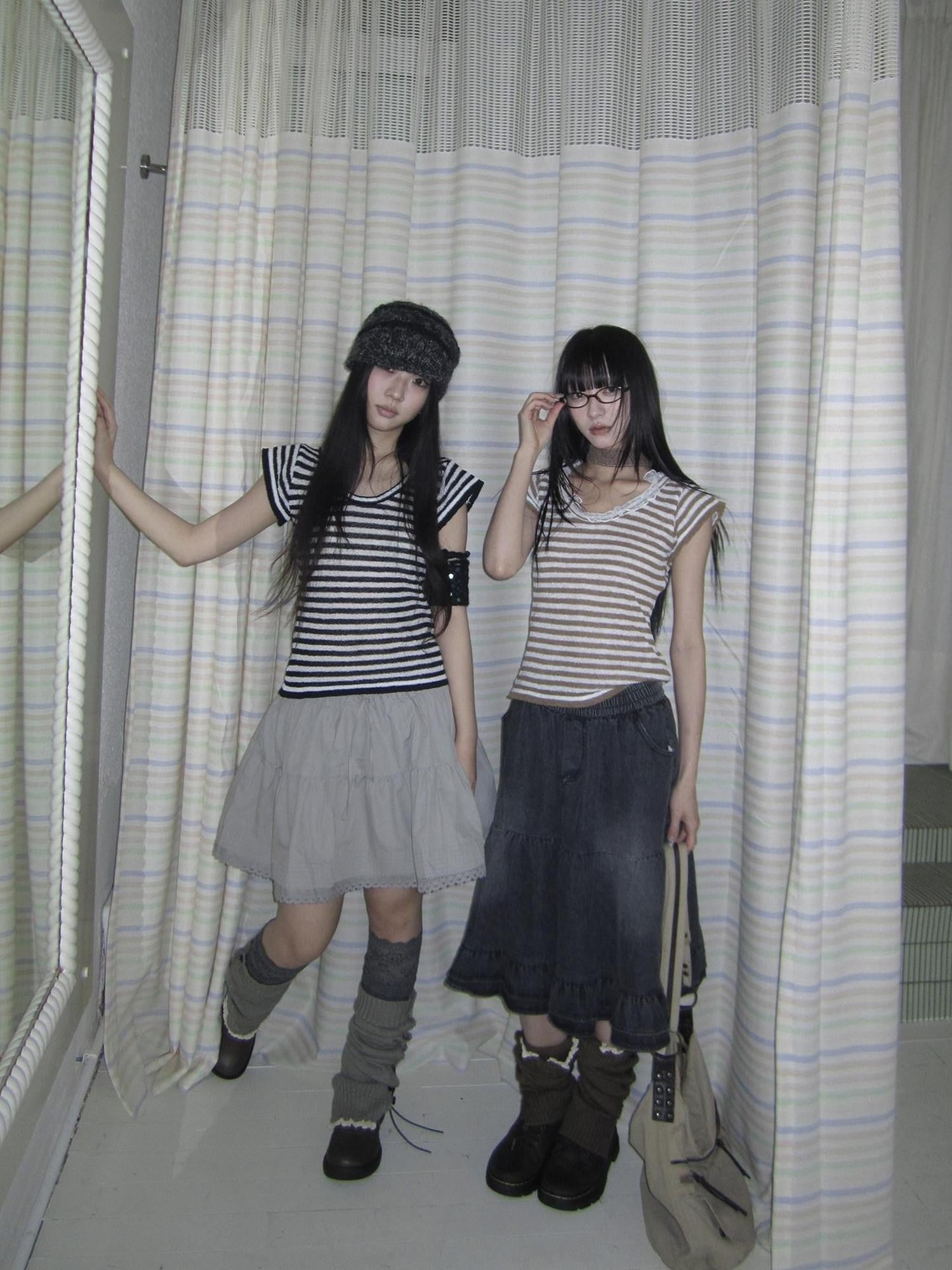 ang project Contrast Striped U Neck Flutter Sleeve Women&