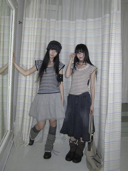 ang project Contrast Striped U Neck Flutter Sleeve Women&