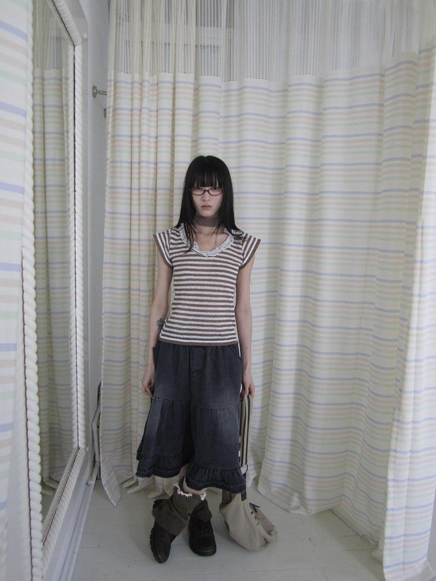 ang project Contrast Striped U Neck Flutter Sleeve Women&
