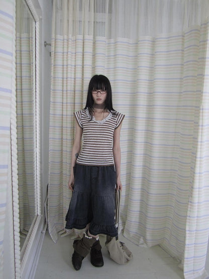 ang project Contrast Striped U Neck Flutter Sleeve Women&