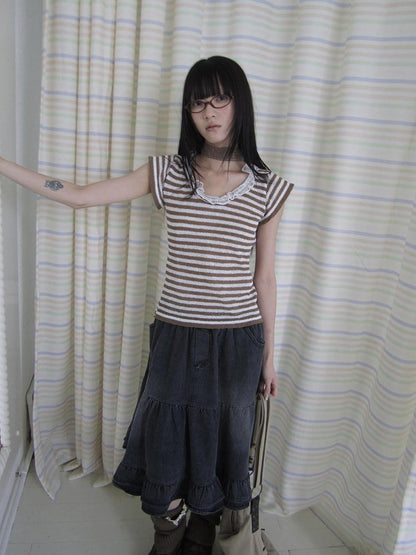 ang project Contrast Striped U Neck Flutter Sleeve Women&