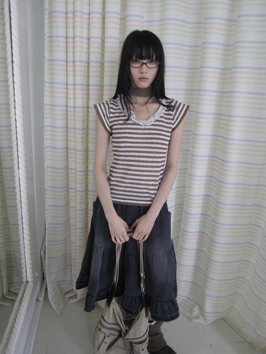 ang project Contrast Striped U Neck Flutter Sleeve Women&