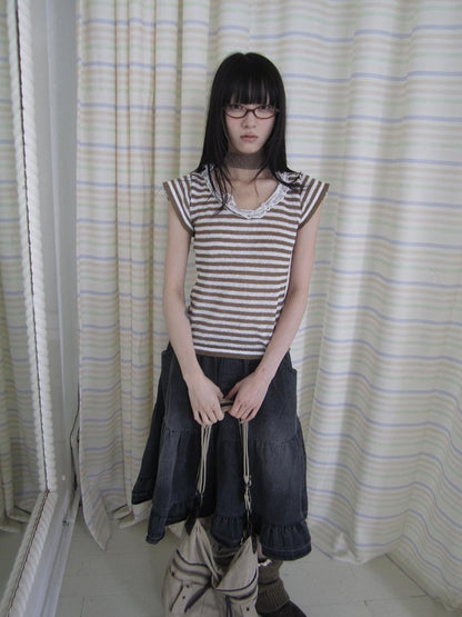 ang project Contrast Striped U Neck Flutter Sleeve Women&
