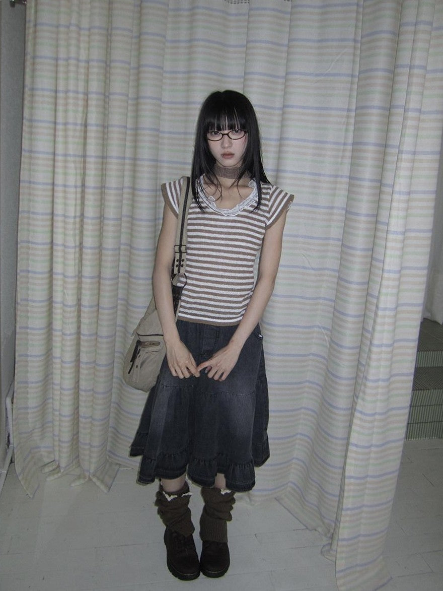 ang project Contrast Striped U Neck Flutter Sleeve Women&