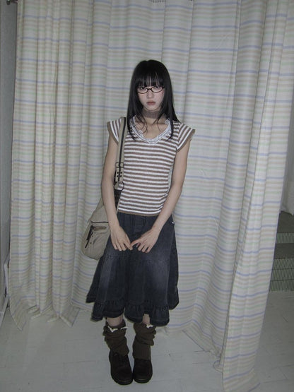 ang project Contrast Striped U Neck Flutter Sleeve Women&