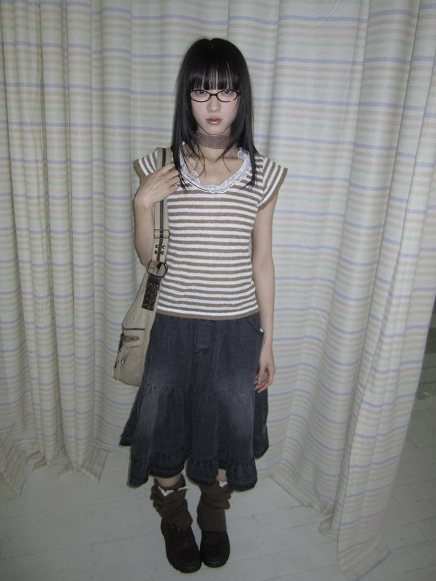 ang project Contrast Striped U Neck Flutter Sleeve Women&