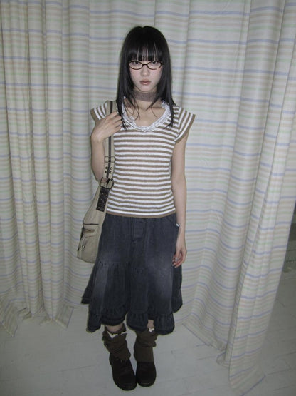 ang project Contrast Striped U Neck Flutter Sleeve Women&