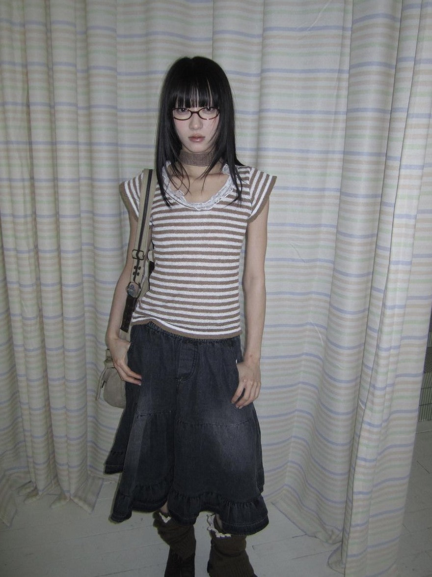 ang project Contrast Striped U Neck Flutter Sleeve Women&