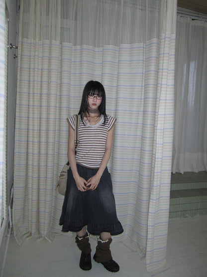 ang project Contrast Striped U Neck Flutter Sleeve Women&
