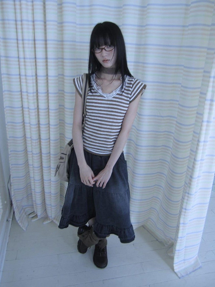 ang project Contrast Striped U Neck Flutter Sleeve Women&