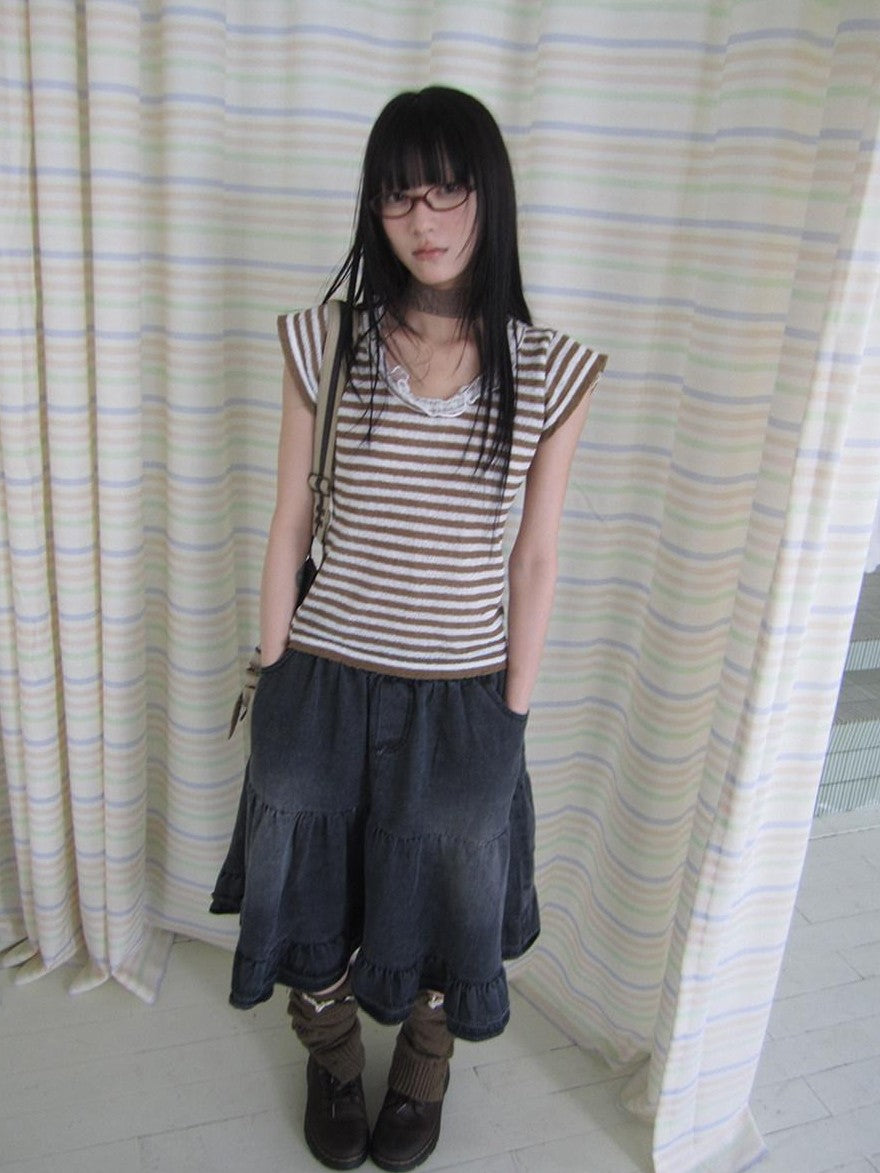 ang project Contrast Striped U Neck Flutter Sleeve Women&