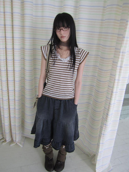 ang project Contrast Striped U Neck Flutter Sleeve Women&