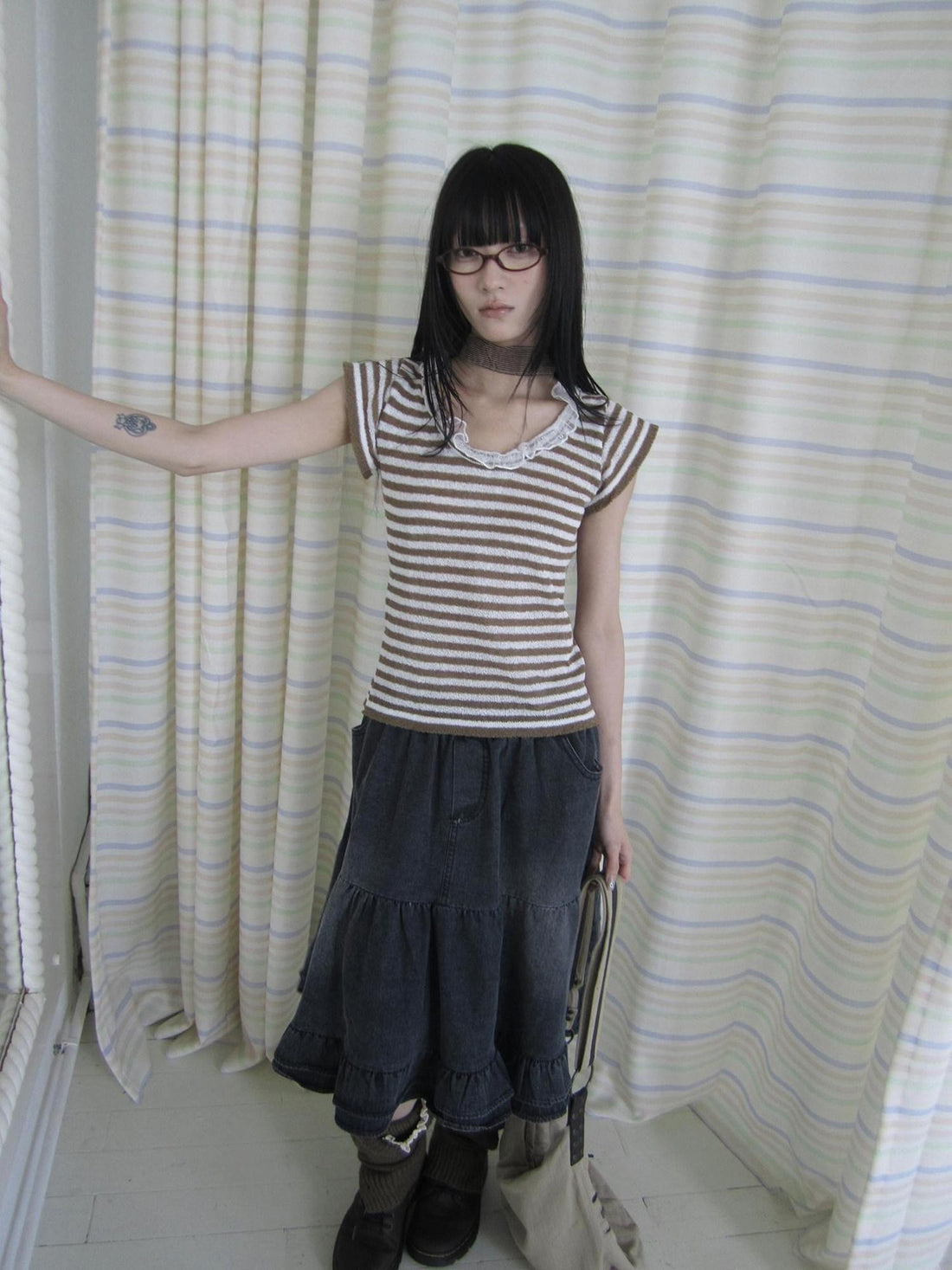 ang project Contrast Striped U Neck Flutter Sleeve Women&