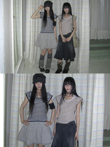 ang project Contrast Striped U Neck Flutter Sleeve Women&