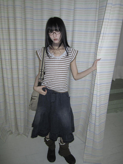 ang project Contrast Striped U Neck Flutter Sleeve Women&