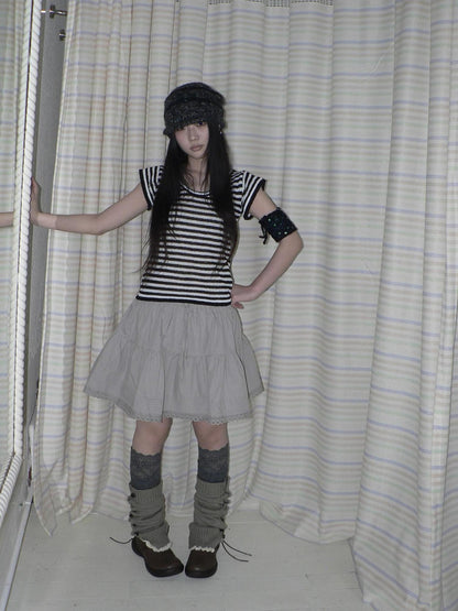 ang project Contrast Striped U Neck Flutter Sleeve Women&