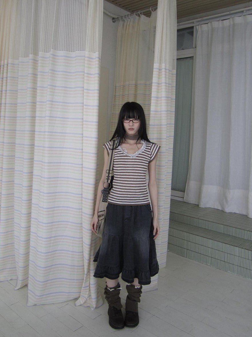 ang project Contrast Striped U Neck Flutter Sleeve Women&
