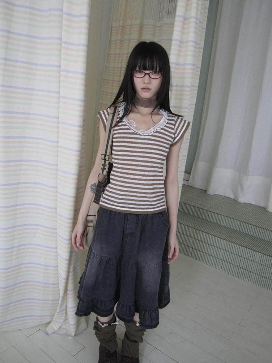 ang project Contrast Striped U Neck Flutter Sleeve Women&