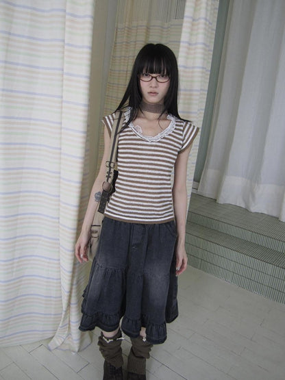 ang project Contrast Striped U Neck Flutter Sleeve Women&
