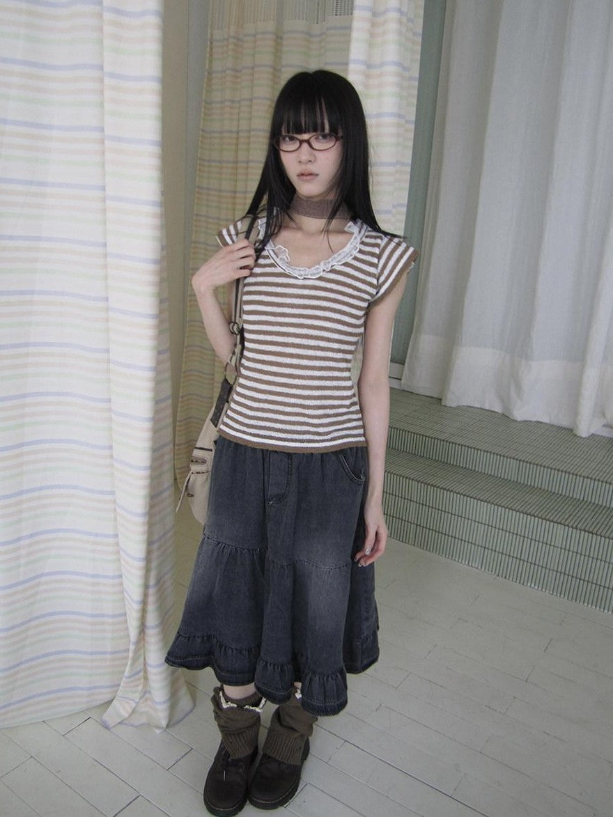 ang project Contrast Striped U Neck Flutter Sleeve Women&