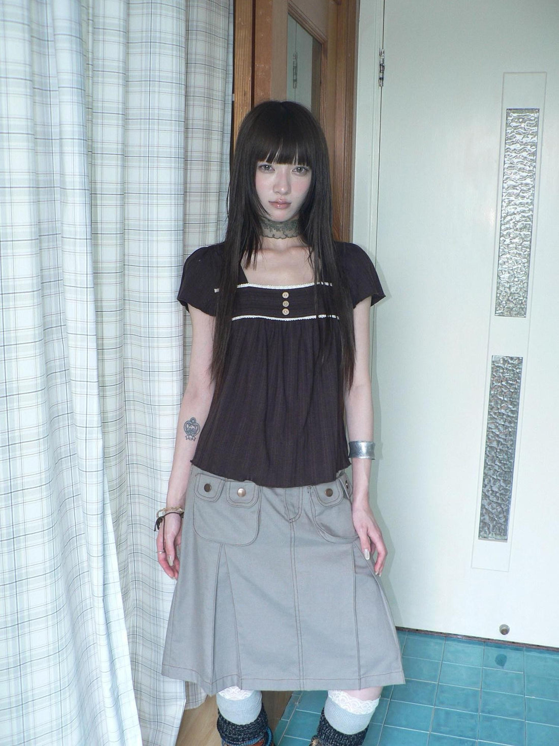 ang project Cottagecore Lace Trim Patchwork Wooden Button Women&