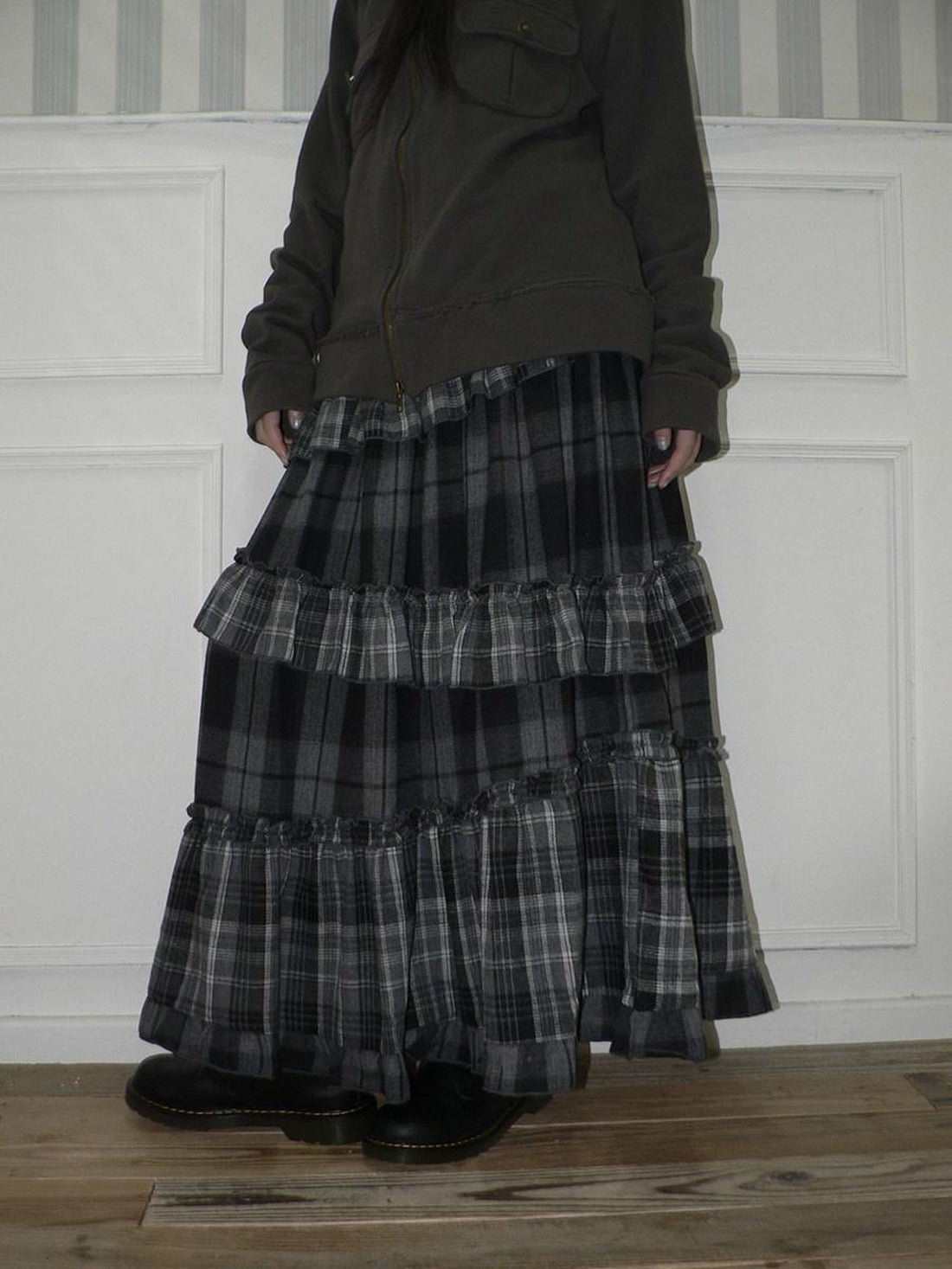 ang project Cotton Blend Elastic Waist Retro Colorblock Tiered Casual Women Maxi Skirt
