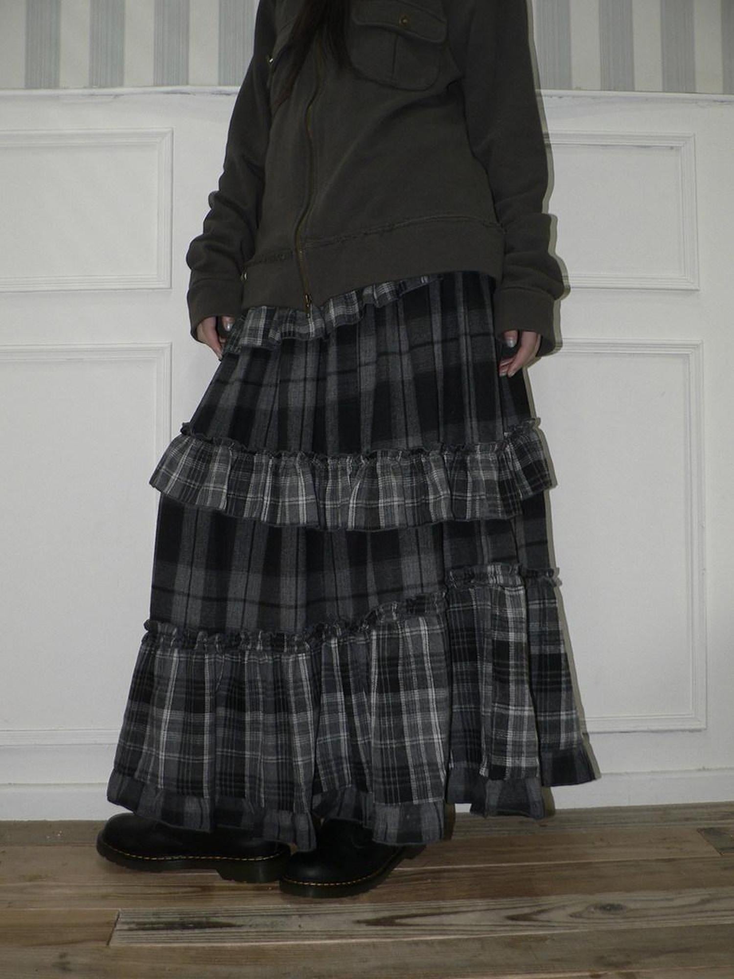 ang project Cotton Blend Elastic Waist Retro Colorblock Tiered Casual Women Maxi Skirt