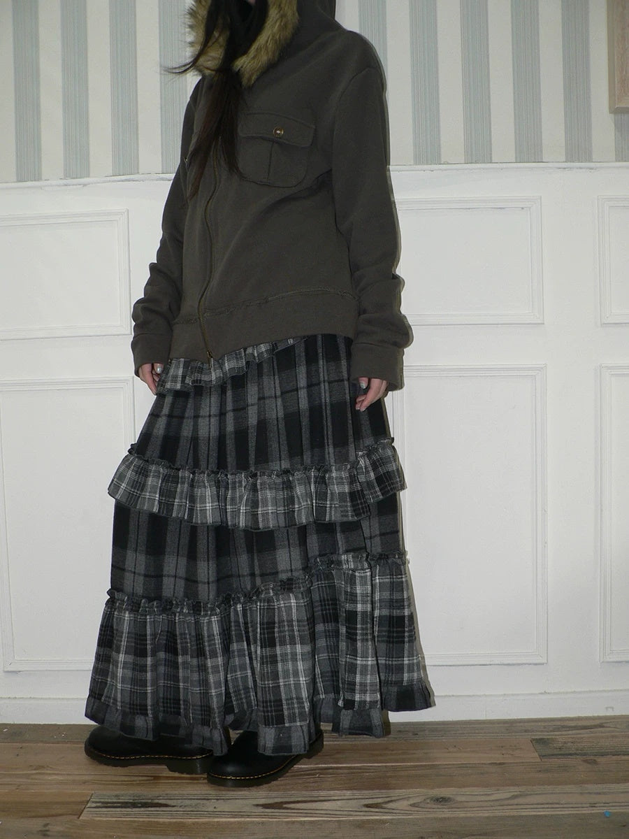 ang project Cotton Blend Elastic Waist Retro Colorblock Tiered Casual Women Maxi Skirt