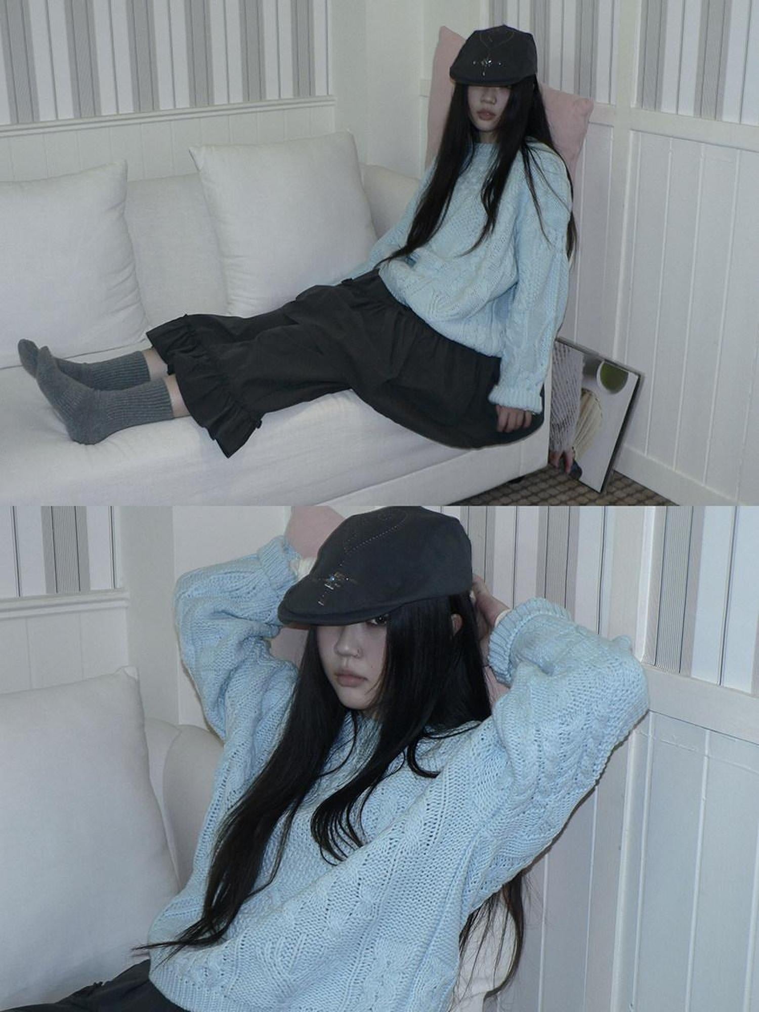ang project Cozy Chunky Knit Retro Loose Fit Pullover Women Crewneck Cropped Sweater