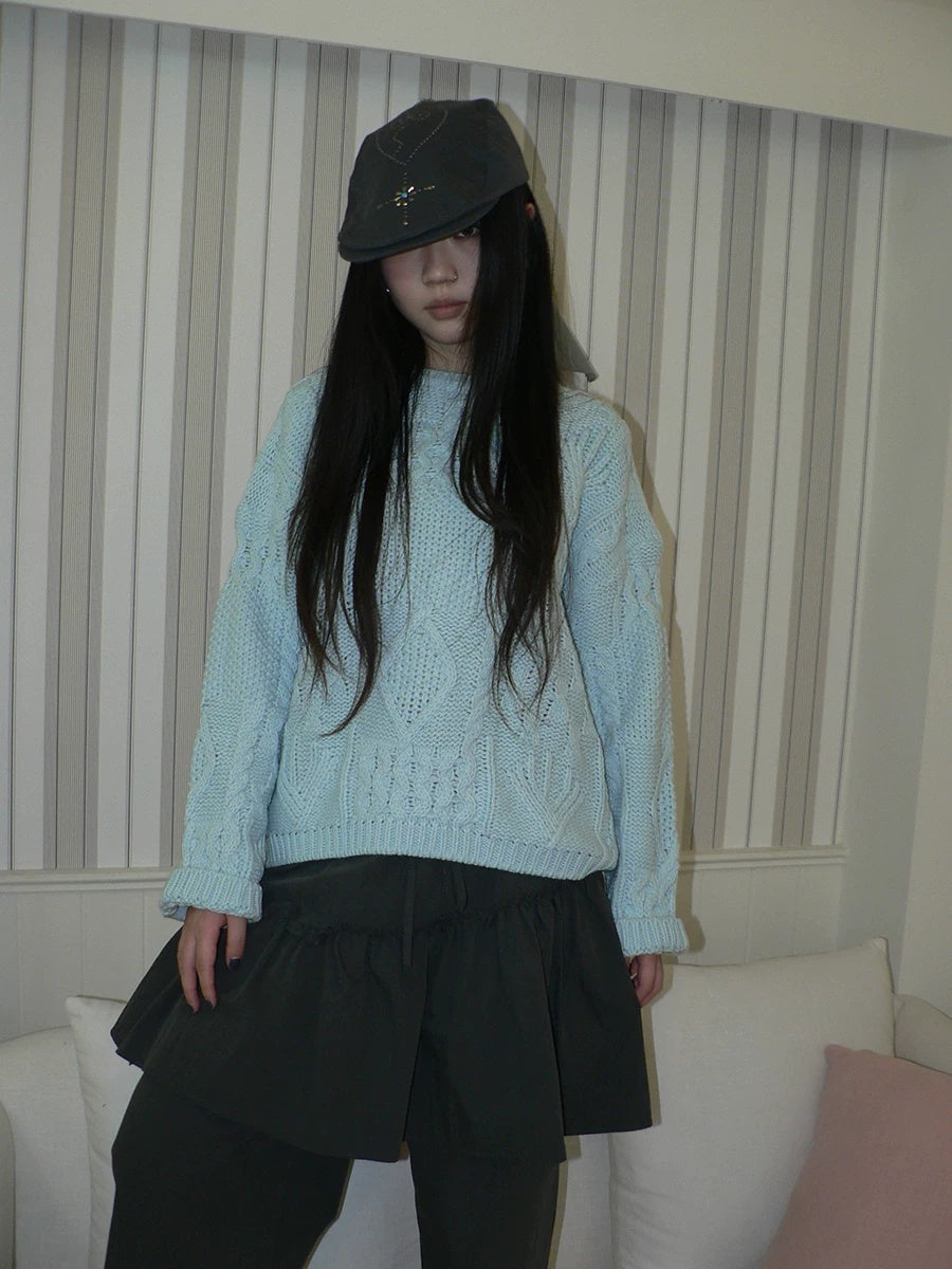 ang project Cozy Chunky Knit Retro Loose Fit Pullover Women Crewneck Cropped Sweater