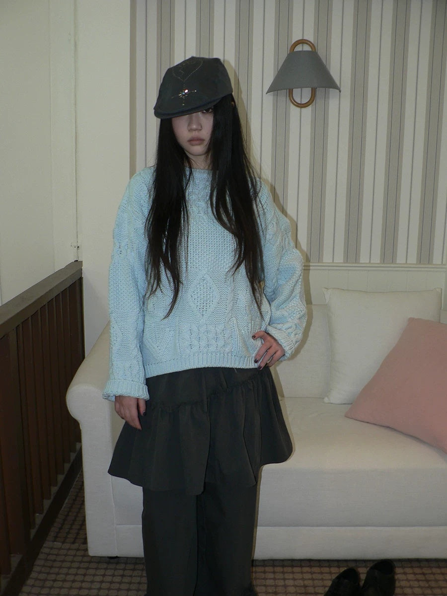 ang project Cozy Chunky Knit Retro Loose Fit Pullover Women Crewneck Cropped Sweater