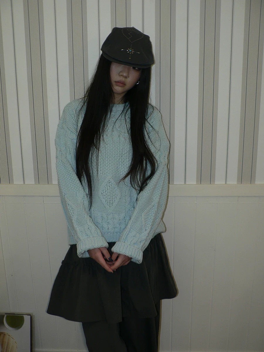 ang project Cozy Chunky Knit Retro Loose Fit Pullover Women Crewneck Cropped Sweater