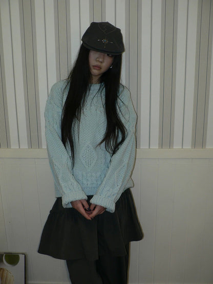 ang project Cozy Chunky Knit Retro Loose Fit Pullover Women Crewneck Cropped Sweater
