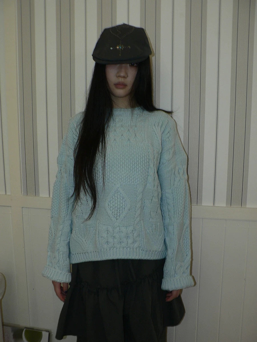 ang project Cozy Chunky Knit Retro Loose Fit Pullover Women Crewneck Cropped Sweater