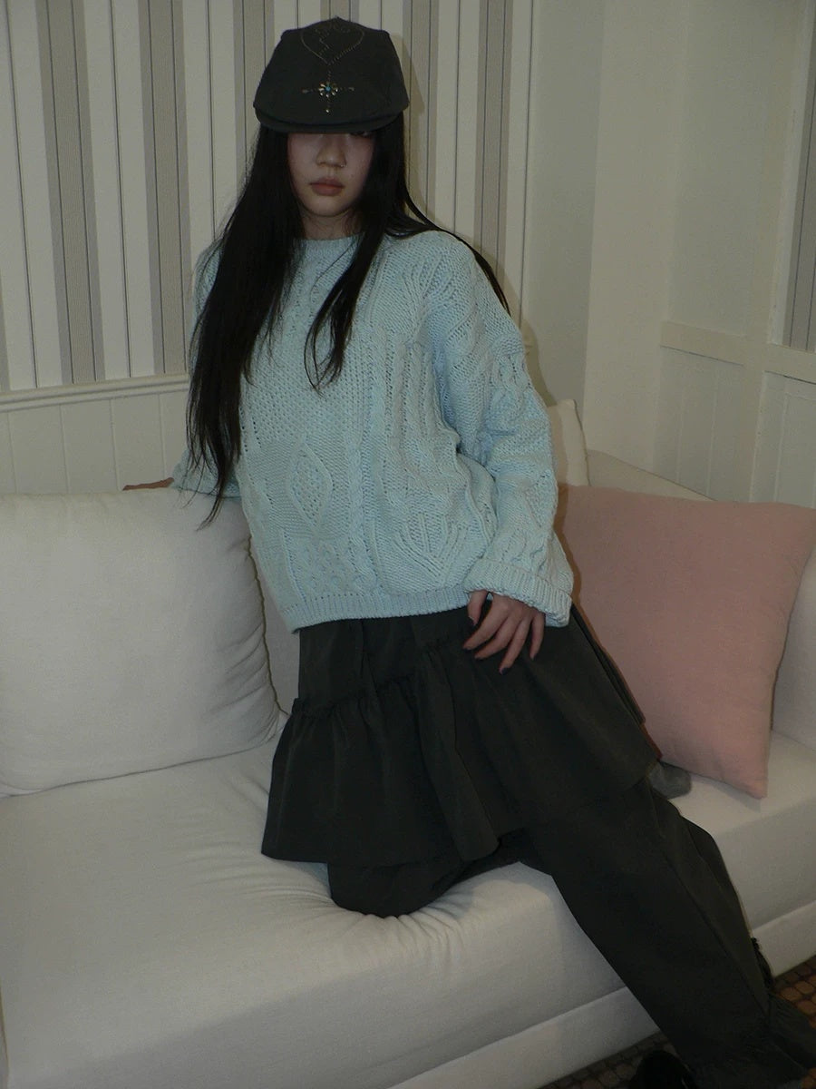 ang project Cozy Chunky Knit Retro Loose Fit Pullover Women Crewneck Cropped Sweater