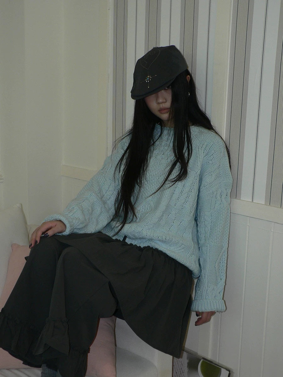 ang project Cozy Chunky Knit Retro Loose Fit Pullover Women Crewneck Cropped Sweater