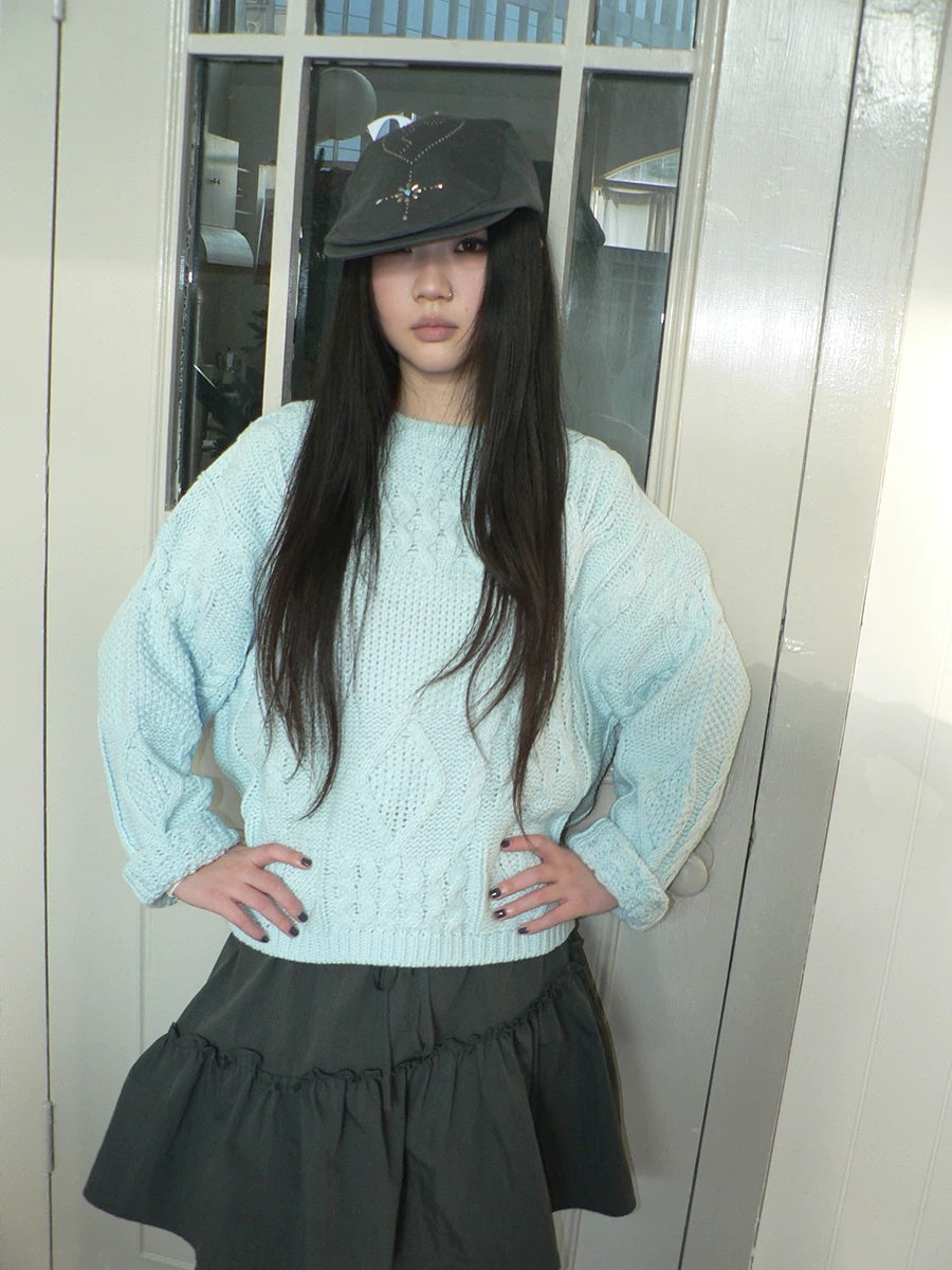 ang project Cozy Chunky Knit Retro Loose Fit Pullover Women Crewneck Cropped Sweater