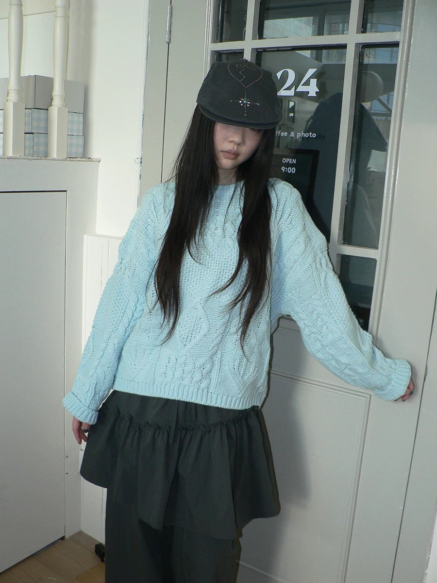 ang project Cozy Chunky Knit Retro Loose Fit Pullover Women Crewneck Cropped Sweater