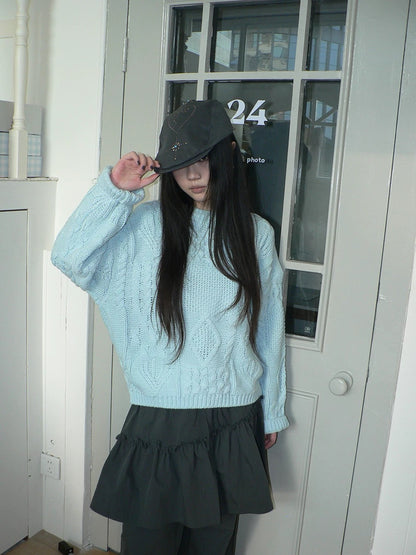 ang project Cozy Chunky Knit Retro Loose Fit Pullover Women Crewneck Cropped Sweater