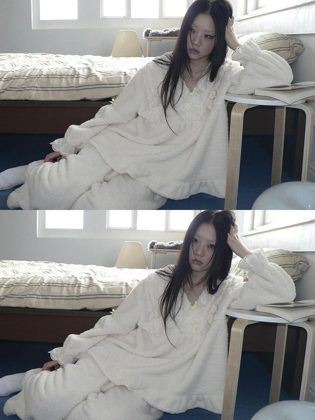 ang project Cozy Coral Fleece Loose Fit V Neck Long Sleeve Women Home Beige Two Piece Suit