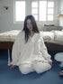 ang project Cozy Coral Fleece Loose Fit V Neck Long Sleeve Women Home Beige Two Piece Suit