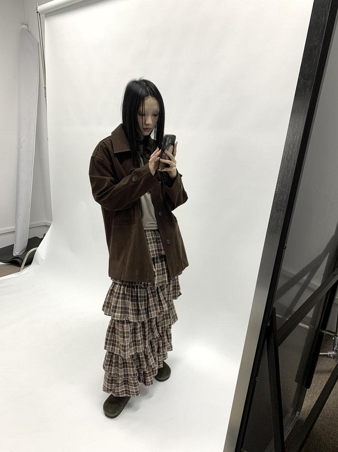 ang project Cozy Deep Brown Street Straight Fit Lapel Long Sleeve Single Row Button Jacket