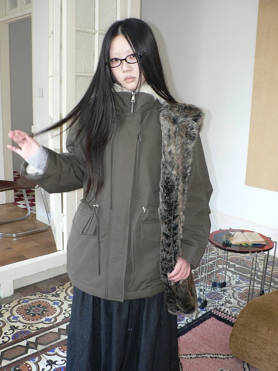 ang project Cozy Fleece Lined Korean Loose Mid Length Zipper Women Cotton Blend Coat