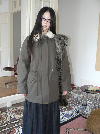 ang project Cozy Fleece Lined Korean Loose Mid Length Zipper Women Cotton Blend Coat
