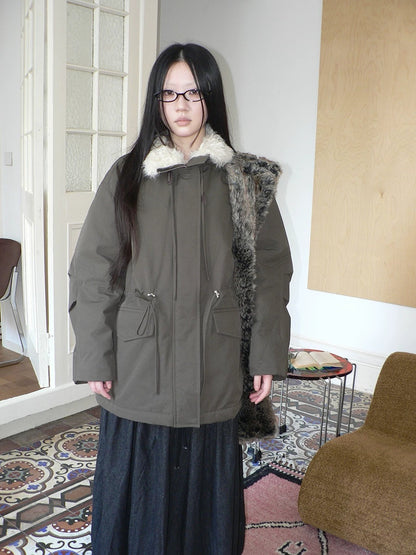 ang project Cozy Fleece Lined Korean Loose Mid Length Zipper Women Cotton Blend Coat